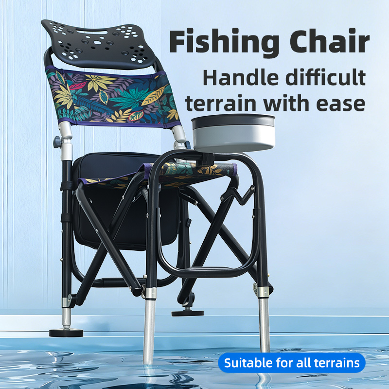 Adjustable 6-Level Foldable Fishing Chair Four-Leg Lifting All Terrain Portable Heavy Duty Aluminum Alloy Fishing Stool with Backrest Side Tray