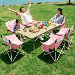 Complete Outdoor Camping Furniture Set, Oversized Foldable Pink Lawn Chairs + Lightweight Beige Folding Egg Roll Table, Heavy Duty Steel Frame Patio Picnic Table Chair Kit with Carry Bag