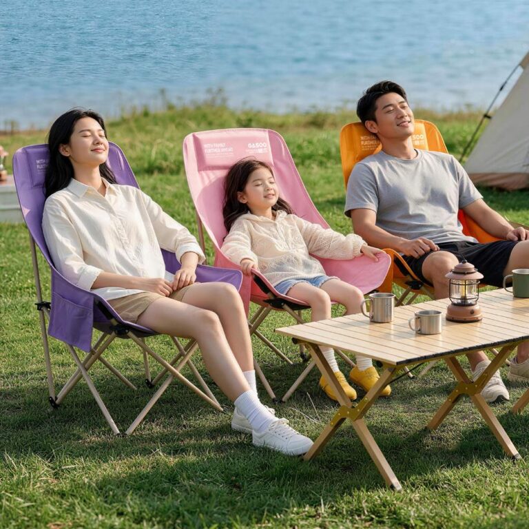 Outdoor Camping Tables and Chairs 92CM High Back Foldable Moon Camping Chair, Ergonomic Segmented Support Lawn Chair, Heavy Duty 260LBS Portable Folding Outdoor Chair with Side Pocket, 5 Colors Khaki Pink Purple Green Black for Beach Picnic Fishing Garden