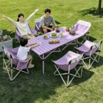Outdoor Camping Tables and Chairs Lightweight Purple Outdoor Camping Table & Moon Chair Bundle, Waterproof Scratch Resistant Aluminum Folding Table, Stable Anti-Tip Foldable Mesh Chairs, Complete Portable Picnic Set for Family Camping, Fishing, Beach, Patio
