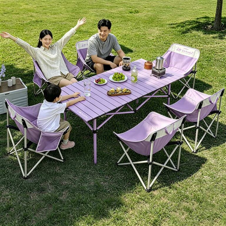Outdoor Camping Tables and Chairs Lightweight Purple Outdoor Camping Table & Moon Chair Bundle, Waterproof Scratch Resistant Aluminum Folding Table, Stable Anti-Tip Foldable Mesh Chairs, Complete Portable Picnic Set for Family Camping, Fishing, Beach, Patio