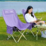 Outdoor Camping Tables and Chairs 92CM High Back Foldable Moon Camping Chair, Ergonomic Segmented Support Lawn Chair, Heavy Duty 260LBS Portable Folding Outdoor Chair with Side Pocket, 5 Colors Khaki Pink Purple Green Black for Beach Picnic Fishing Garden