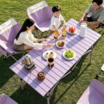 Outdoor Camping Tables and Chairs Lightweight Purple Outdoor Camping Table & Moon Chair Bundle, Waterproof Scratch Resistant Aluminum Folding Table, Stable Anti-Tip Foldable Mesh Chairs, Complete Portable Picnic Set for Family Camping, Fishing, Beach, Patio