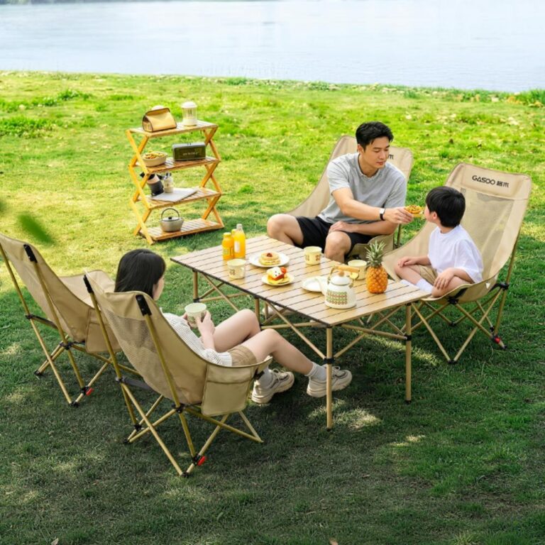 Outdoor Camping Tables and Chairs High Back Foldable Recliner Camping Chair, 4 Gear Adjustable Mesh Moon Chair with Head Support, Oversized 70cm Wide Seat Heavy Duty 220lbs Portable Outdoor Lawn Beach Picnic Fishing Chair for Adults