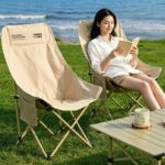 Outdoor Camping Tables and Chairs 92CM High Back Foldable Moon Camping Chair, Ergonomic Segmented Support Lawn Chair, Heavy Duty 260LBS Portable Folding Outdoor Chair with Side Pocket, 5 Colors Khaki Pink Purple Green Black for Beach Picnic Fishing Garden