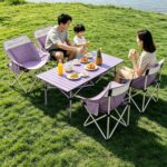 Outdoor Camping Tables and Chairs Lightweight Purple Outdoor Camping Table & Moon Chair Bundle, Waterproof Scratch Resistant Aluminum Folding Table, Stable Anti-Tip Foldable Mesh Chairs, Complete Portable Picnic Set for Family Camping, Fishing, Beach, Patio