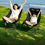 Outdoor Camping Tables and Chairs 92CM High Back Foldable Moon Camping Chair, Ergonomic Segmented Support Lawn Chair, Heavy Duty 260LBS Portable Folding Outdoor Chair with Side Pocket, 5 Colors Khaki Pink Purple Green Black for Beach Picnic Fishing Garden