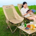 Outdoor Camping Tables and Chairs High Back Foldable Recliner Camping Chair, 4 Gear Adjustable Mesh Moon Chair with Head Support, Oversized 70cm Wide Seat Heavy Duty 220lbs Portable Outdoor Lawn Beach Picnic Fishing Chair for Adults