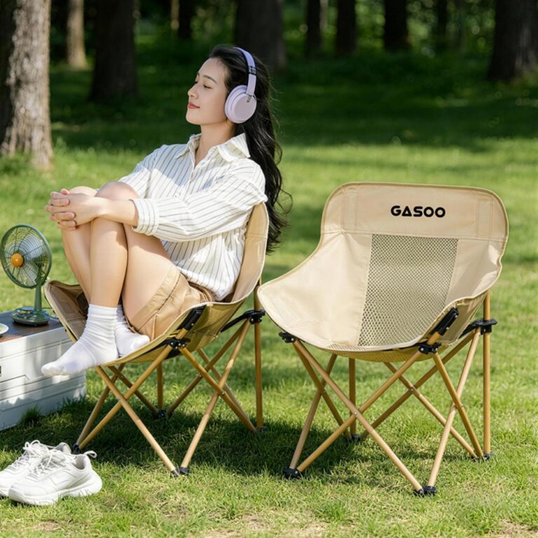 Outdoor Camping Tables and Chairs Low Back Mesh Moon Folding Camping Chair, Breathable Ventilated Net Backrest Portable Foldable Lawn Chair with Side Pocket & Carry Bag, Heavy Duty Anti-Tip Frame for Beach Fishing Picnic Travel Outdoor