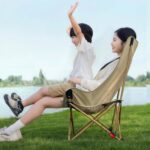 Outdoor Camping Tables and Chairs High Back Foldable Recliner Camping Chair, 4 Gear Adjustable Mesh Moon Chair with Head Support, Oversized 70cm Wide Seat Heavy Duty 220lbs Portable Outdoor Lawn Beach Picnic Fishing Chair for Adults
